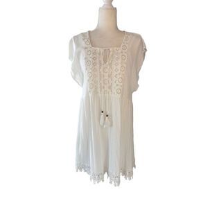 Artesia white gauze and lace boho dress with tassle tie neck and flutter sleeves